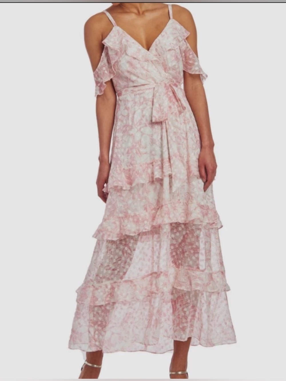 🆕 Christian Siriano Women's Pink Cold Shoulder Tiered Ruffle Maxi Dress Size 16W